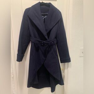 Medium navy blue wool trench coat with shawl collar